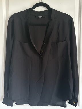Nine West Sheer Black Long-Sleeve V-Neck Blouse